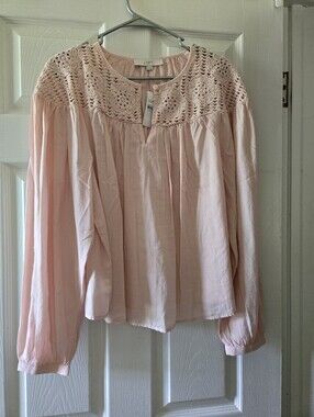 LOFT Light Pink Crochet Yoke Peasant Top